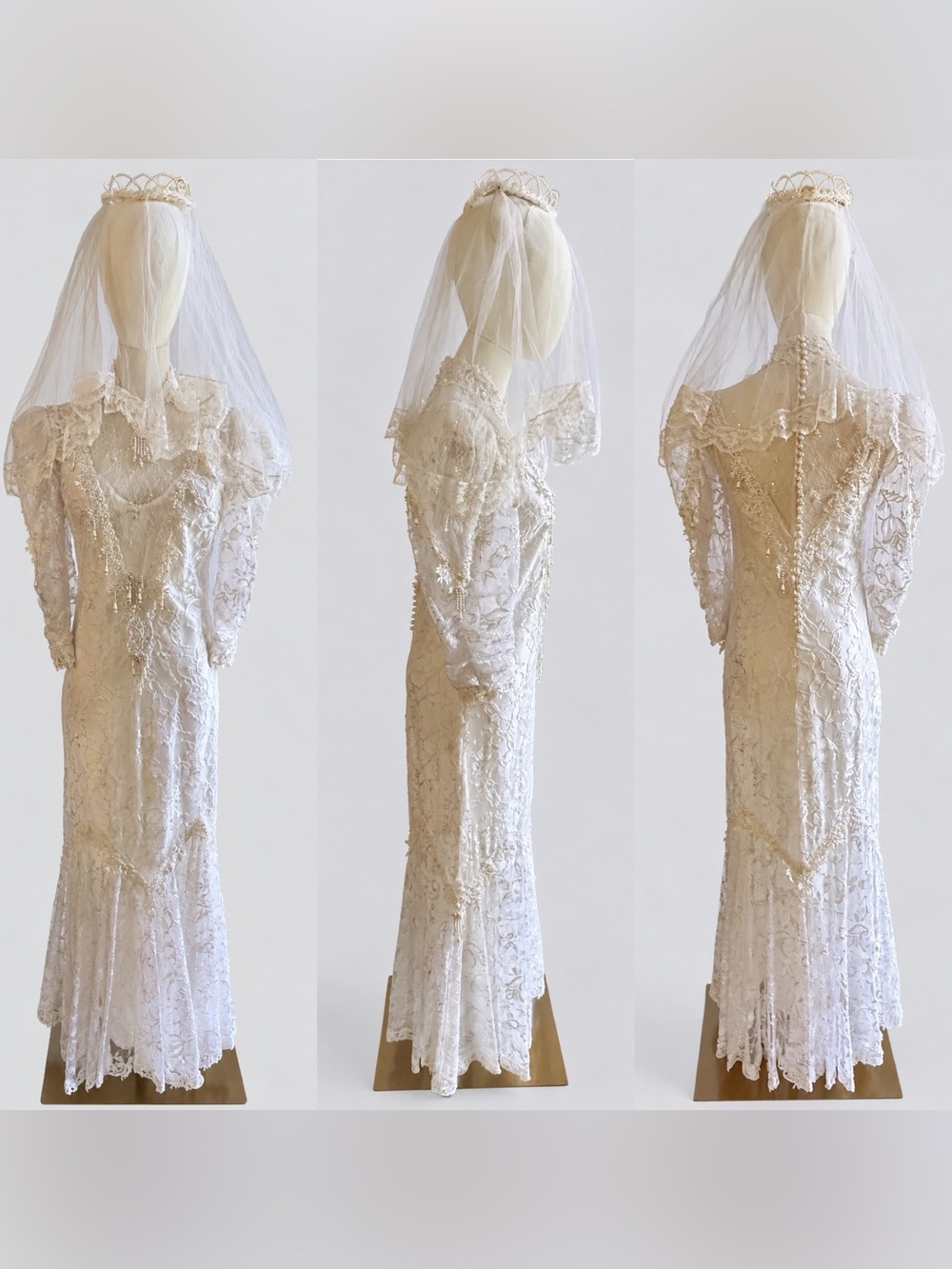 Vintage 80s High Neck Lace Pearl Beaded Long Sleeve Wedding Dress + Veil